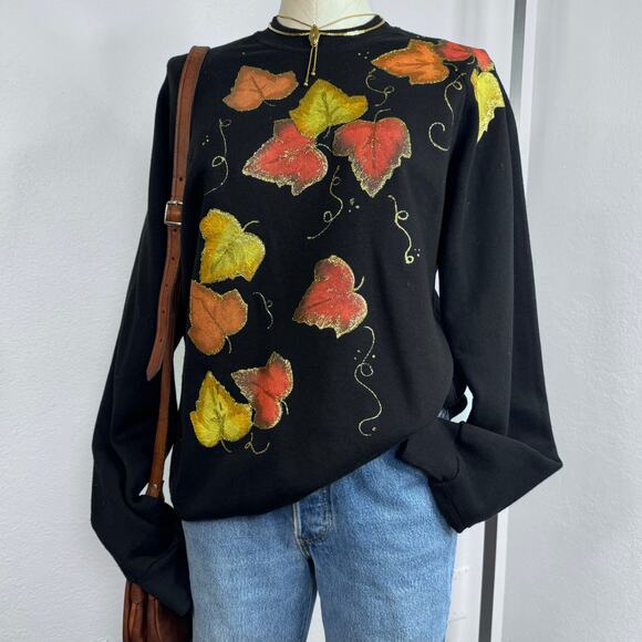 Vintage Tops - Vintage Fall Leaf Sweatshirt Black Crewneck Glitter Autumn Cottagecore 90s Cozy
